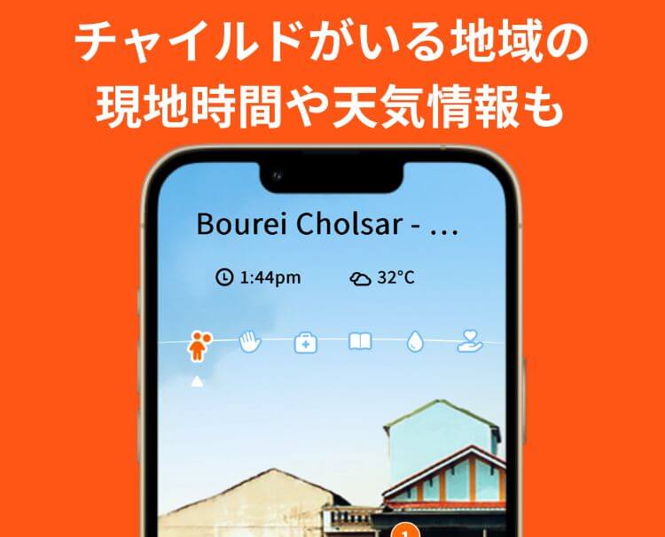 チャイルドの写真の上にベトナムの現地時間と天気情報を表示。