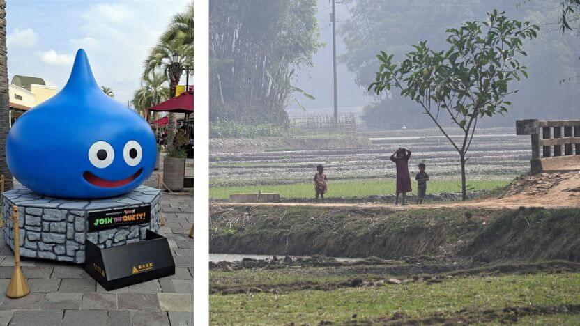 アウトレットで見つけた某ゲームのモンスター（左）と事業地の様子（右）