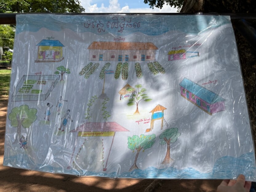 子どもたちの描いた「夢の学校」 お水をつかった学校菜園も広々と描かれています