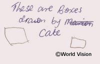 あるウガンダのチャイルドがスポンサーへのお手紙に描いた四角（文字は代筆）
